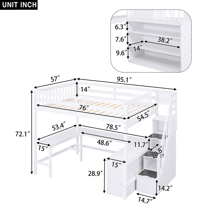 Lit mezzanine double avec bureau intégré en forme de L, tablettes de rangement à trois niveaux et escalier de rangement, lit mezzanine pour enfants