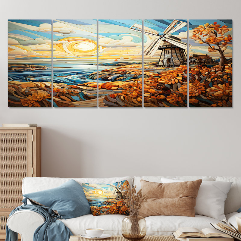 «Windmill Coastal Breeze - Wind Turbines», art mural 5 pièces, H 28 po x l 60 po