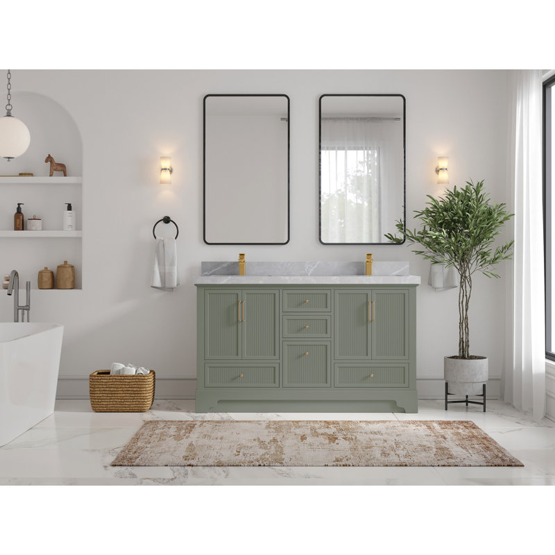 Meuble-lavabo double autoportant 60 po avec plateau en quartz Alys (option boutons)