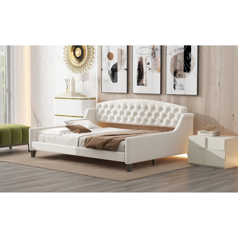 Lit de jour pleine grandeur beige avec bouton et cadre de lit, convenant au salon avec bouton de luxe, conception multifonctionnelle en bois massif, aucune fondation supplémentaire requise