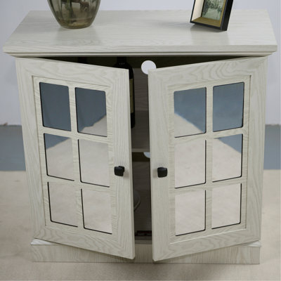 Buffet de rangement avec 2 portes décoratives en miroir en acrylique, tablette réglable pour la salle à manger, le salon, la cuisine, les poignées en métal, panneau de fibres à densité moyenne et finition en grain de bois blanc 3D