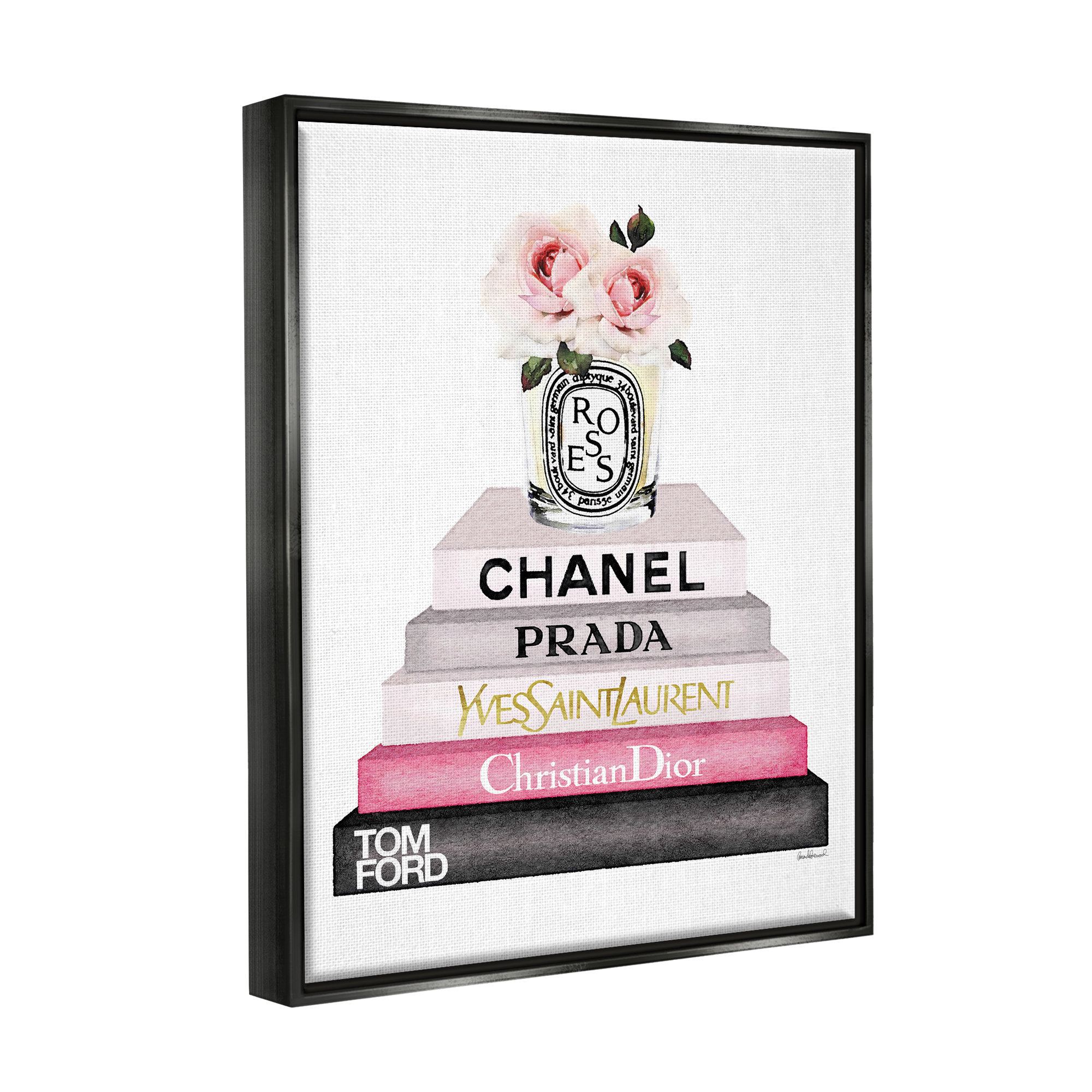 Pink Fashion Heals with Glam Books and Rose Details Canvas Wall Art by Amanda Greenwood Rosdorf Park Size: 21 H x 17 W x 1.7 D, Frame Color: Gold F