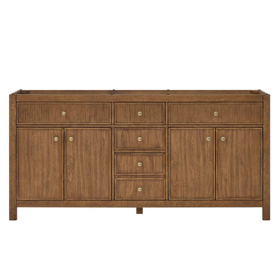 Meuble-lavabo double 72 po Rian en noyer grillé, sans comptoir, sans lavabo, garniture bronze satiné Rian