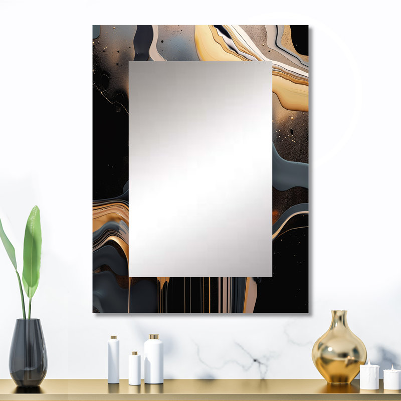 Or et marbre noir Mirage II - miroir mural décoratif en marbre, miroir doré, impression d'art en métal, 40 po x 30 po