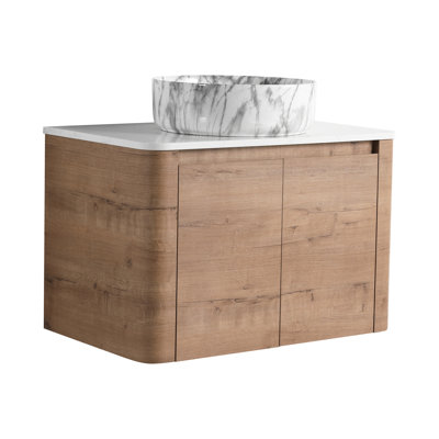Meuble-lavabo de 30 po avec conception murale, dalle de pierre plate blanche et 45 poignées à bords inclinés. Évier en céramique longue durée, attrait esthétique