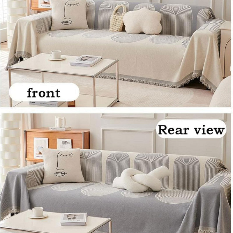 Chenille Sofa Cover Blanket Couch Cover Multifunctional Sofa Protectortowel Geometric Line Pattern Non-slipwith Tassel, Gray