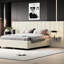Lit tapissier beige avec plateforme grand lit et grandes têtes de lit confortables et rembourrées-360064240