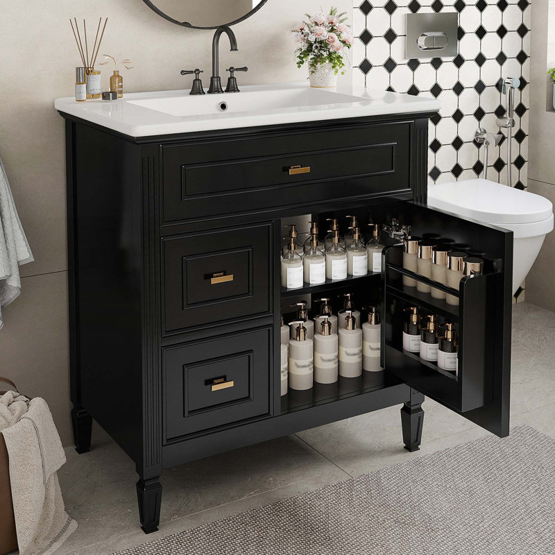 Meuble-lavabo de rangement avec lavabo en céramique, un tiroir rabattable et deux tiroirs, Noir
