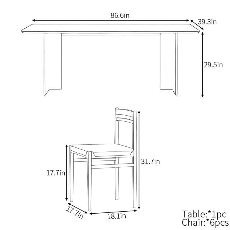 Simple retro rectangular dining table set, 29.5"H x 86.6"L x 39.3"W