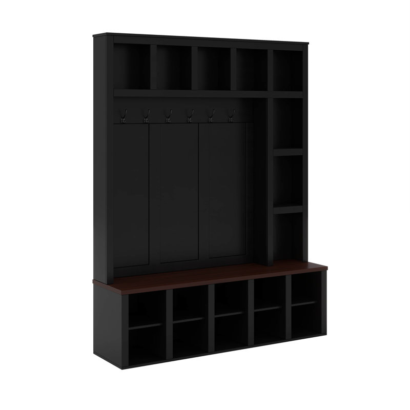 Wide Hall Tree With Storage Bench And 6 Hooks, Farmhouse 4-In-1 Hallway Coat Rack With Adjustable Shelves, Black