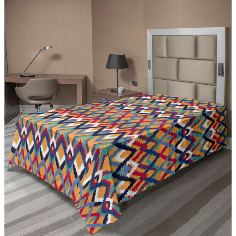 Ambesonne Top Flat Sheet Curving Art, Twin XL Flat Sheet, Red Blue Orange Ikat