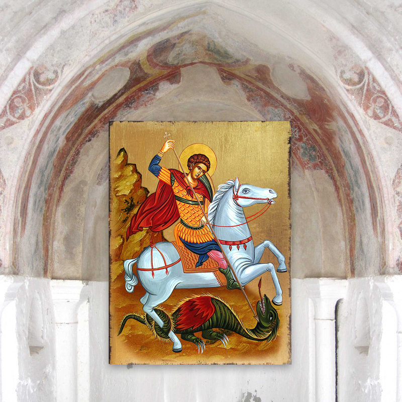 Peinture à l’icône d’inspiration st george, H 8 po x l 6 po x P 1,5 po