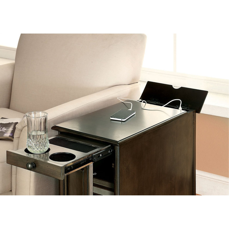 Porte-gobelet escamotable transitionnel pour table d'appoint avec prise USB intégrée, Gris