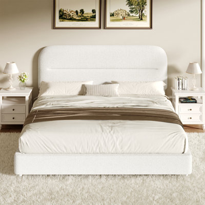 Manfred Boucle Upholstered Cloud Bed Frame with Rounded Corners Headboard, Soft Platform Bed Frame with Thickened Footboard