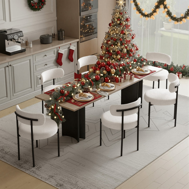 Dining Chairs Modern Teddy Fabric Upholstered Chairs with Curved Backrest and Black Metal Legs, 6, White