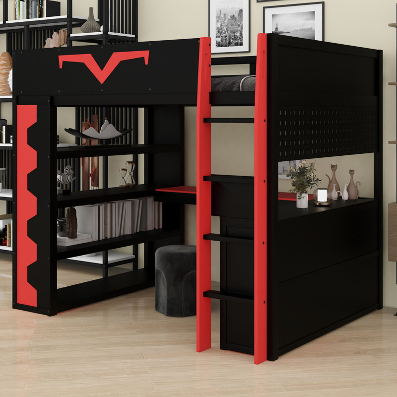 Advanced Gamer Bed With Loft Design, Integrated Desk,And Storage, Red