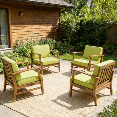 Ensemble de 4 fauteuils club d'extérieur en bois d'acacia avec coussins - chaises longues de patio modernes, sièges de jardin durables, fauteuils à lattes l 28 po pour terrasse, bord de piscine, porche