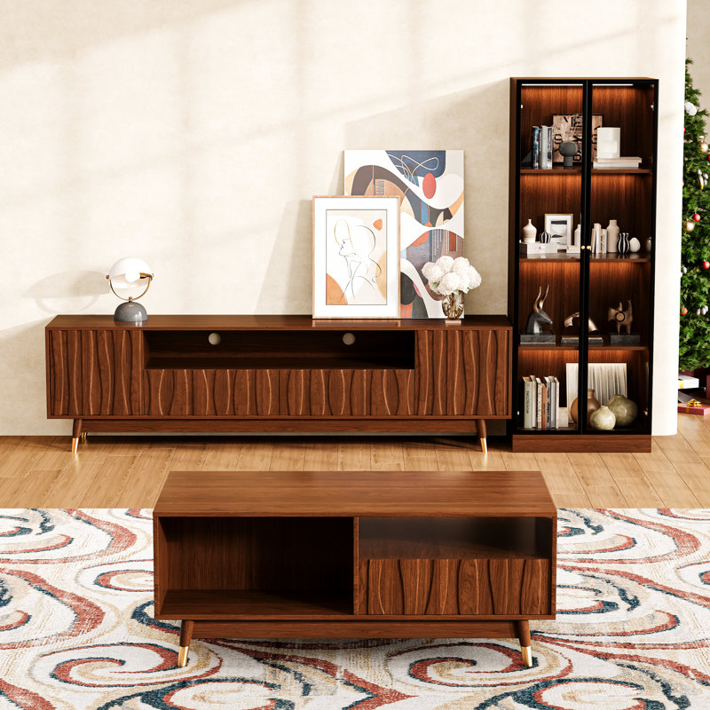 Walnut Finish Entertainment Center with TV Stand, 4-tier Glass Display Cabinet and Coffee Table for Living Room, Luxury Mid-century Modern Wood Media Console Set of 3 with Drawers and Storage for 55/65/75 Inch TV, Brown