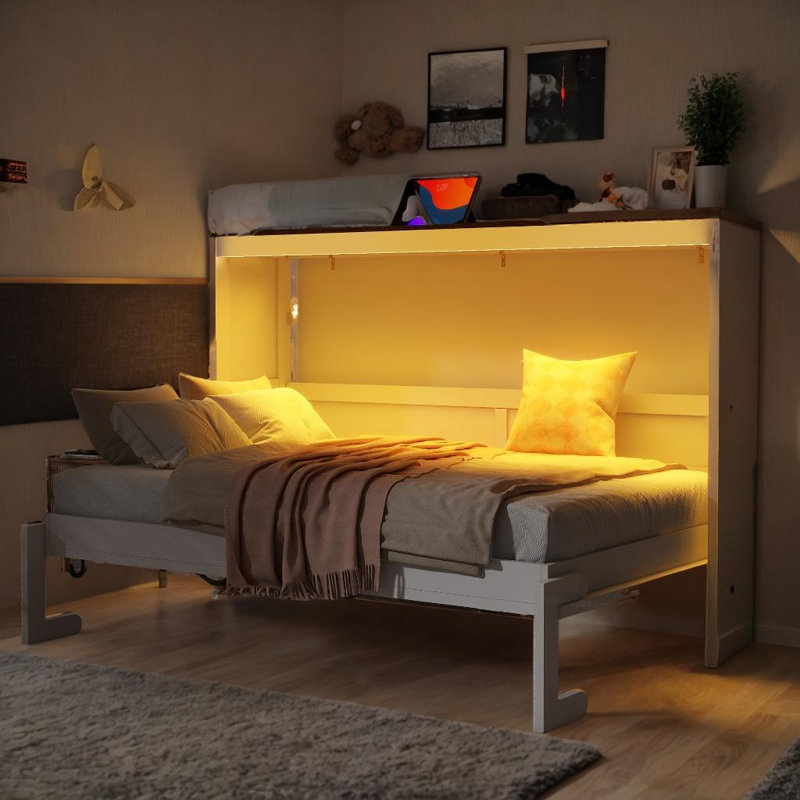 Lit escamotable dissimulé dans une armoire avec lumière DEL, Blanc