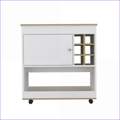 Chariot-bar contemporain à 2 tablettes avec 6 bouteilles en chêne clair et amp; Blanc | Blanc | Panneau de particules