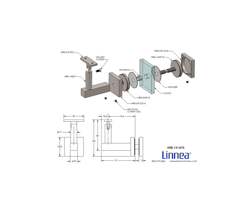 Glass Mount Handrail Bracket with Square Rose and Flat Plate, Satin Stainless Steel