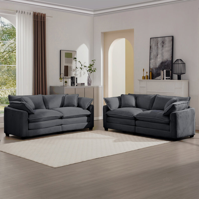Ensemble de canapé de salon en tissu moderne deux pièces, deux canapés 2 places avec grand fauteuil inclinable à 8 coussins, tissu en velours côtelé gris