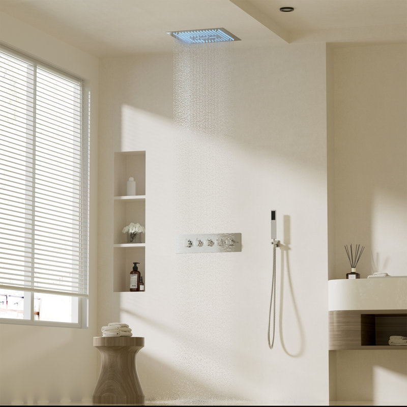 Brushed Nickel Dual Head LED Ceiling Mounted Rain Shower System