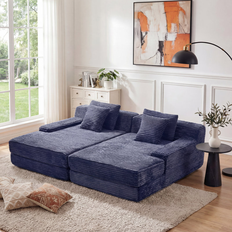 Méridienne surdimensionnée double en flanelle avec 4 coussins Eliam, rembourrée de mousse pure, aucun assemblage requis, bleu