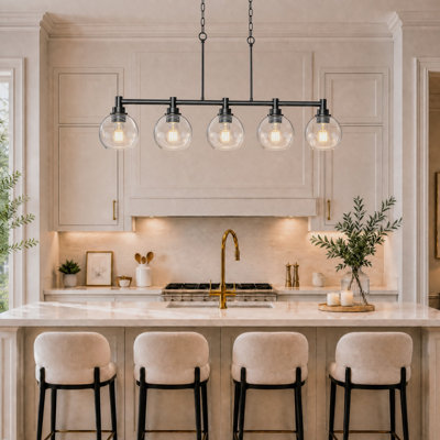 5-Light Dimmable Black Kitchen Island Pendant Light with Clear Glass Shades and Adjustable Height
