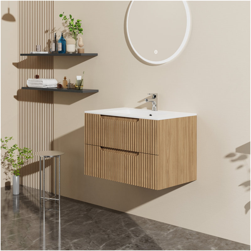 Ensemble de meuble-lavabo mural avec évier flottant, système de fermeture en douceur, 2 très grands tiroirs, noyer