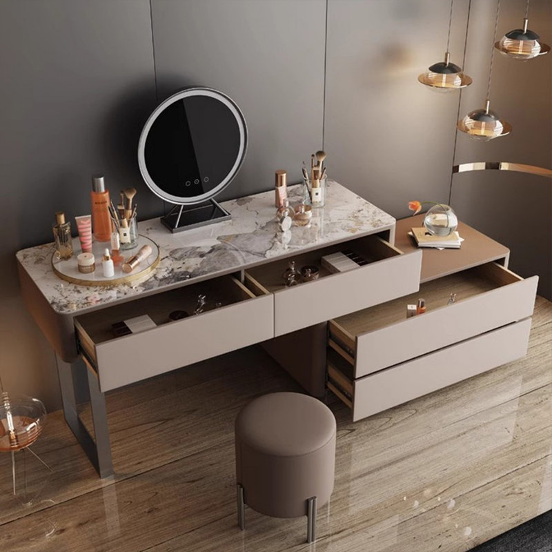 Coiffeuse avec miroir lumineux, 4 tiroirs, prise de courant