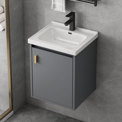 Ensemble de meuble-lavabo 16 po avec lavabo, petit meuble-lavabo mural avec porte flottante moderne, drain escamotable, siphon inclus (sans robinet)