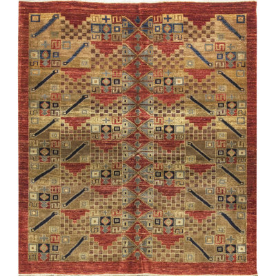 Tapis rouge et brun noué à la main de haute qualité