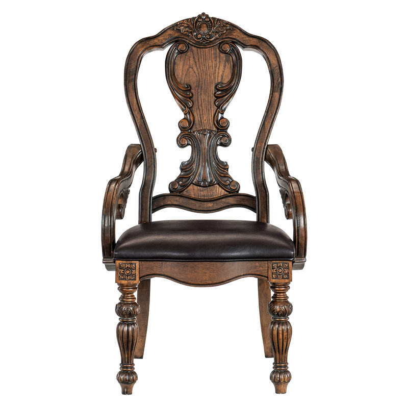 Fauteuils de salle à manger en chêne foncé, structure en bois, revêtement en similicuir brun, dossier ajouré, hauteur des accoudoirs de 25 po, profondeur de l'assise 19 po, chêne traditionnel 2 pièces, revêtement, dossier