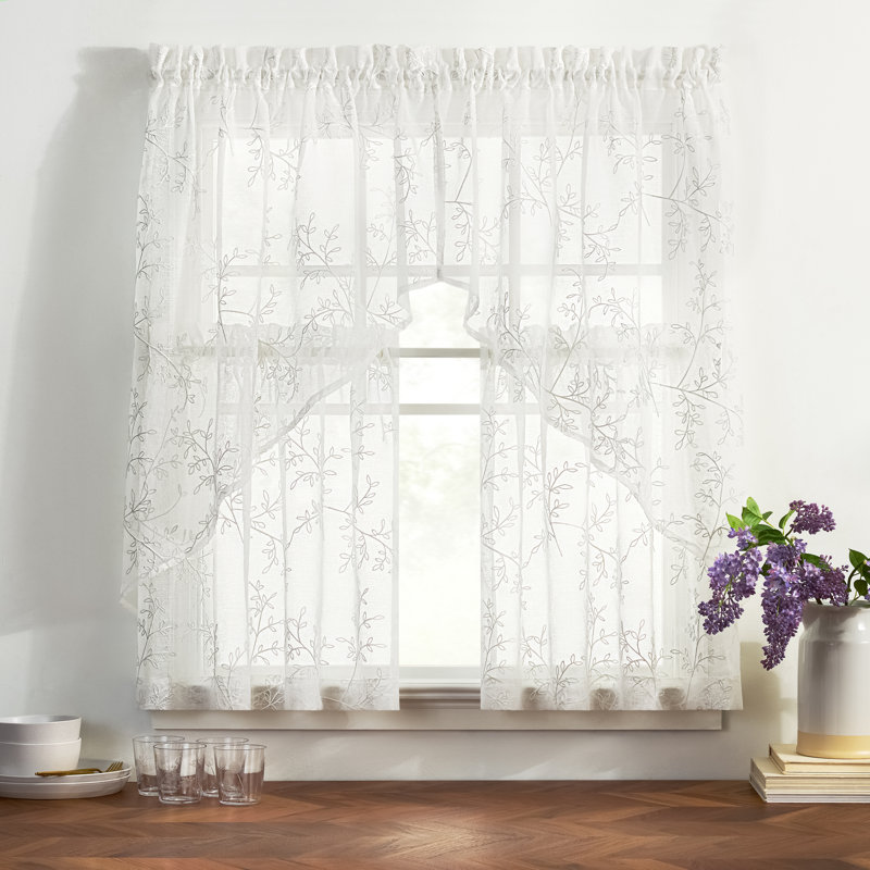 Brewster Floral Embroidered Sheer Tailored Tiers, 76" x 30"