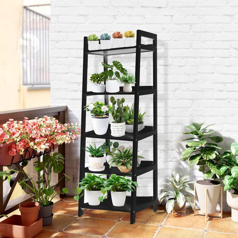 Wood Bookcase Ladder Bookshelf Shelving Unit, (5 Shelves) 51.6"H x 17"W x 13.5"D, Black