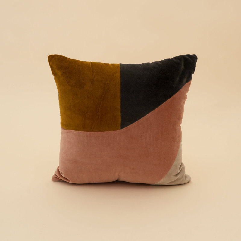 Coussin décoratif carré moderne multicolore en velours de coton à blocs de couleur avec garniture, 45,7 x 45,7 cm