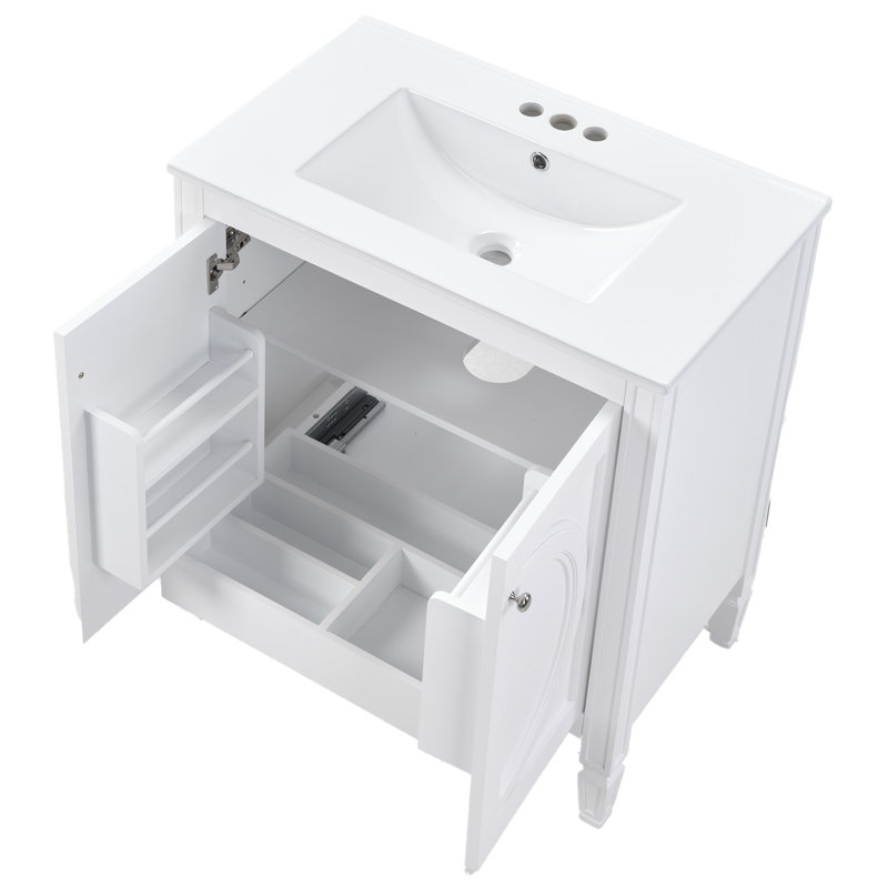 Meuble-lavabo blanc de 30 po sans assemblage requis avec lavabo en céramique, deux portes à fermeture en douceur et tablette réglable, style campagne moderne