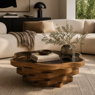 36.02" Unique Irregular Cloud Shaped Coffee Table with Tempered Glass Top, Multi-Layer Wave MDF Base Modern Artistic Cocktail Table for Living Room & Apartment
