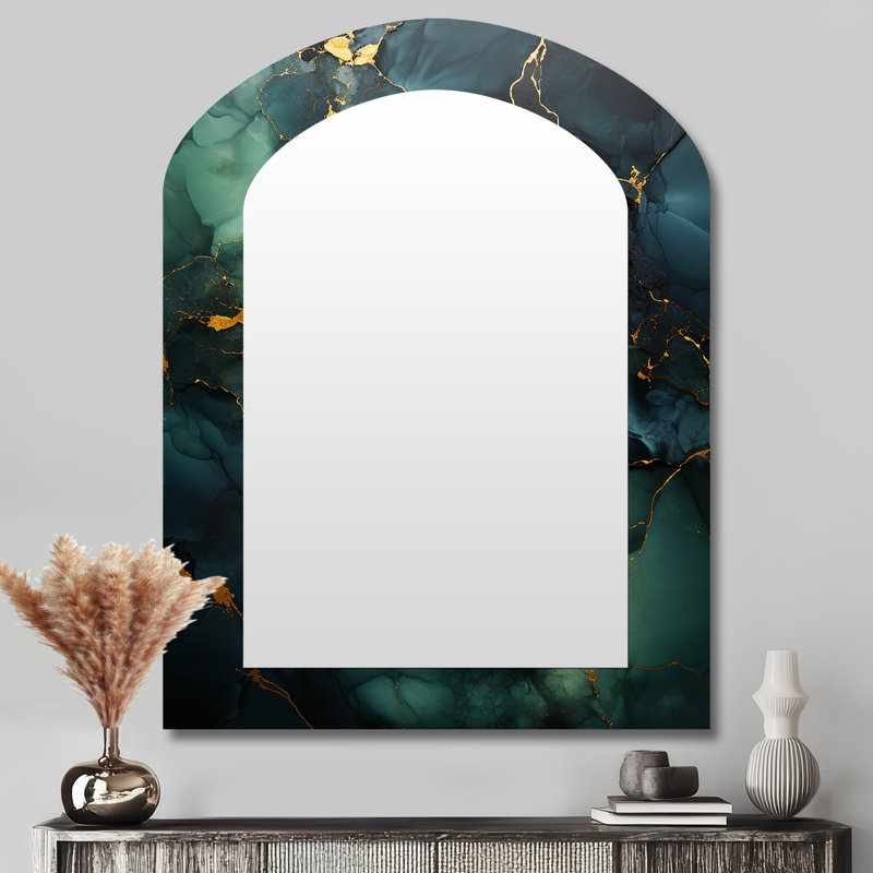 Gold and Green abstract marble design III - Marble Asymmetrical Large Mirror, Modern Arch Decorative Wall Mirror, Printed Metal Art