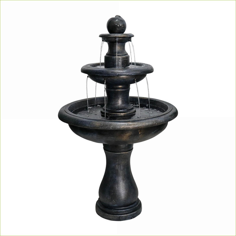 Fountains, Fuente, Agua, Exterior | 3-Tier Modern Outdoor Fountain for Patio Garden, Black Stone 27x27x45.2"H | Black | Concrete / Cement