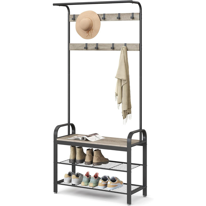 Arbre d'entrée 33 po 4 en 1 pour vestibule, portemanteau avec banc à chaussures, 9 crochets amovibles et tringle à vêtements