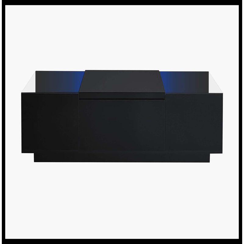 Table basse à DEL, centre de table moderne avec finition ultrabrillante et plateau en verre, table basse avec compartiment de rangement ouvert et 2 tiroirs cachés pour le salon