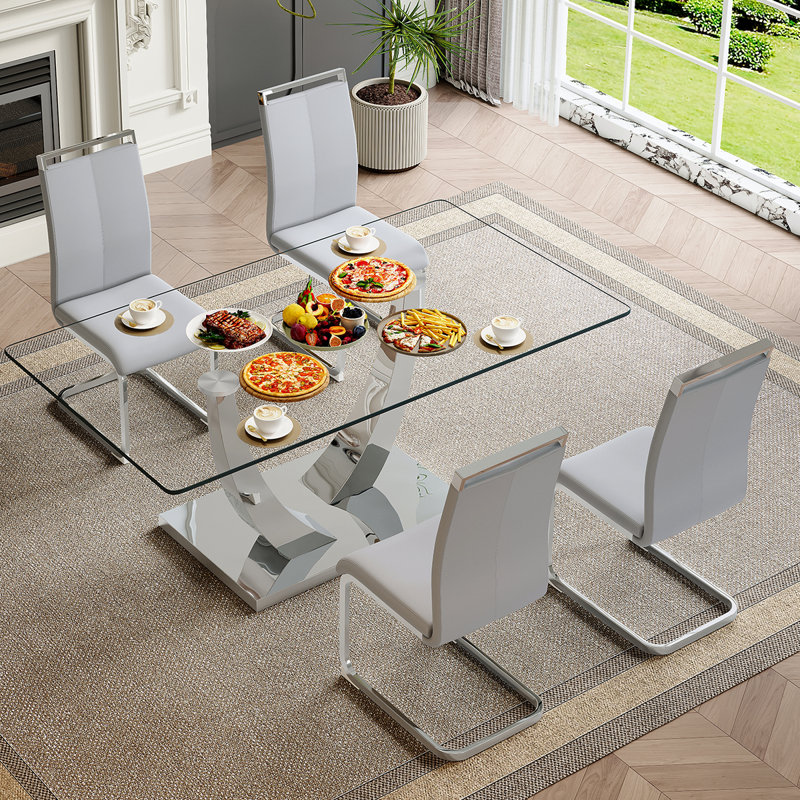 Ensemble de salle à manger rectangulaire Lh 63 po x l 35,4 po Nhieu, Gris clair, Argent argent