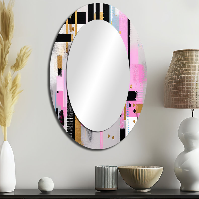 Rose doré à rayures audacieuses - Miroir décoratif ovale abstrait sur métal, 36 po x 24 po