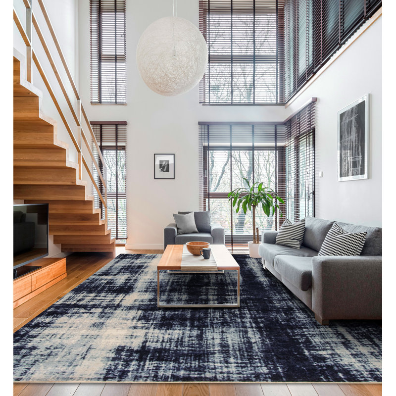 Shibori Hand Knotted Wool Abstract Area Rug in Indigo/Ivory, Indigo/Ivory, Rectangle 8' x 10'