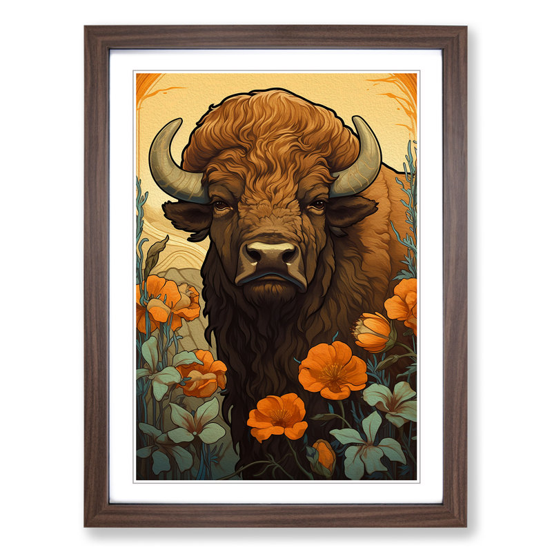Bison Nouveau No.2 - Single Picture Frame Print on Wood, 46cm H x 34cm W x 2cm D, Walnut Framed