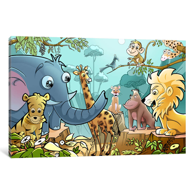 Jungle Cartoon Animals - Print on Canvas, 20.32 cm H x 30.48 cm W, No Frame