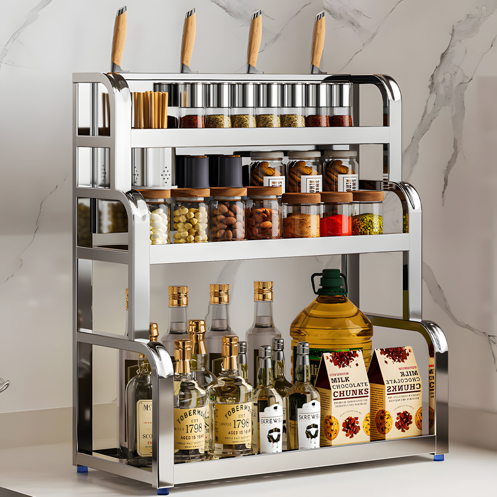 Prep & Savour Stainless Steel Kitchen Spice Rack Organizer With 3-Tier ...