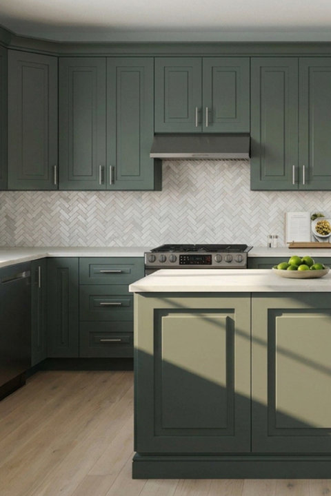 Modern kitchen featuring sage green shaker cabinets, white marble herringbone backsplash, and a central island with quartz countertops.